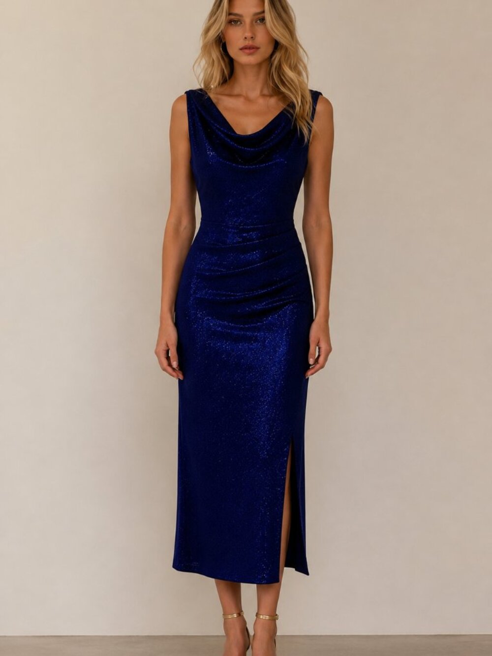 VeronaChic - Formal Luxury Royal Blue Shimmer Midi Dress with Side Slit
